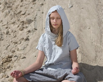 linen hoody top FOREST | with a short kimono sleeves | linen jumper women | boho hoodie | pullover top | linen jumper