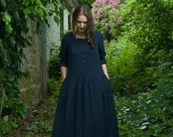 Linen Dress NOSTALGIA | antique style dress | long dress | buttoned dress | long dress with sleeves and pockets | loose summer dress women