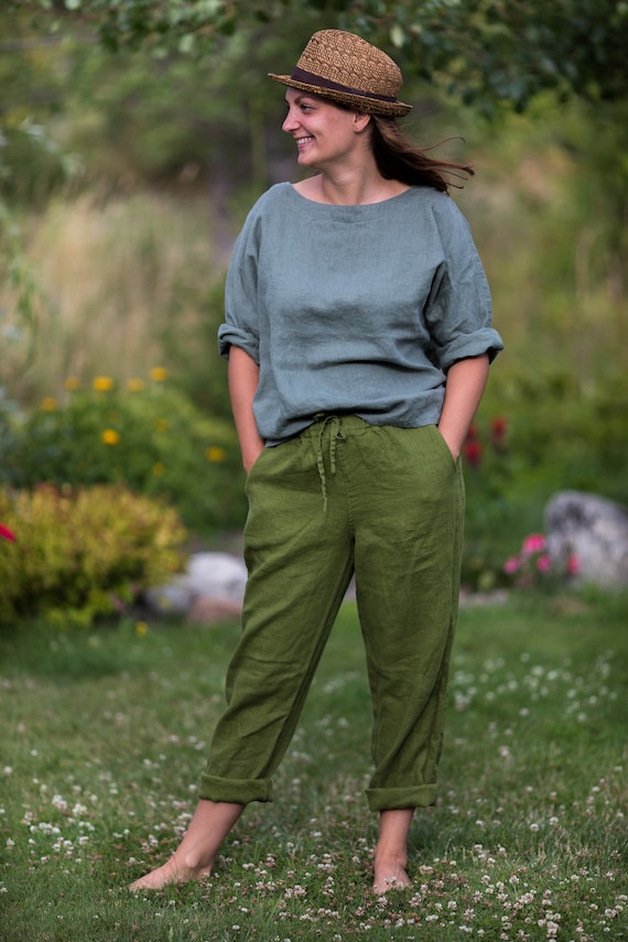 Linen Pants SIMPLICITY Drawstring Pants Linen Trousers High Waist