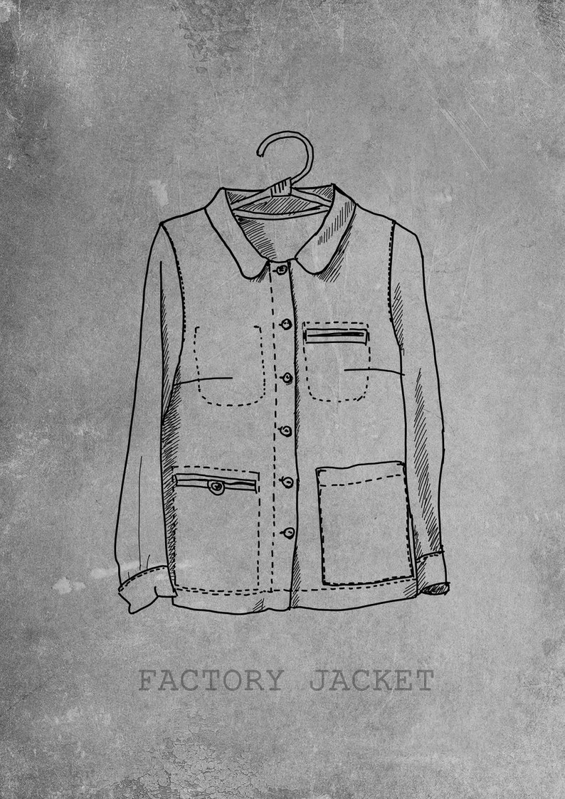A gray sketch illustration of a factory jacket made from linen, featuring a peter pan collar, button front, and two large pockets on the chest. The loose-fitting workwear jacket is displayed hanging on a hanger against a textured gray background. Keywords: linen jacket, workwear jacket, factory jacket, jacket with pockets.