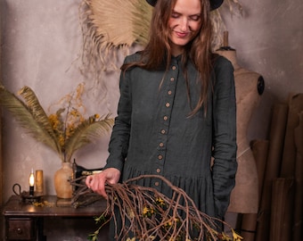 buttoned linen maxi dress VICTORIA, long sleeve Victorian style