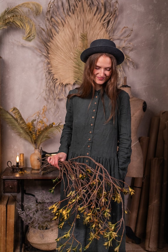 buttoned linen maxi dress VICTORIA, long sleeve Victorian style