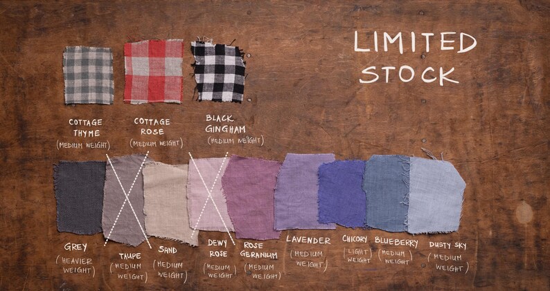 Flat lay of twelve linen fabric swatches on wood, labeled with color and weight. Top row: Cottage Thyme, Cottage Rose, Black Gingham (medium weight, checkered). Bottom row: Grey (heavier), Taupe, Sand, Dewy Rose, Rose Geranium, Lavender, Charcoal, Blueberry, Dusty Sky (medium weight solids). “LIMITED STOCK” and OEKO-TEX 100 Certified text included. Fabric palette belongs to Knocknocklinen. 2026-06-09
