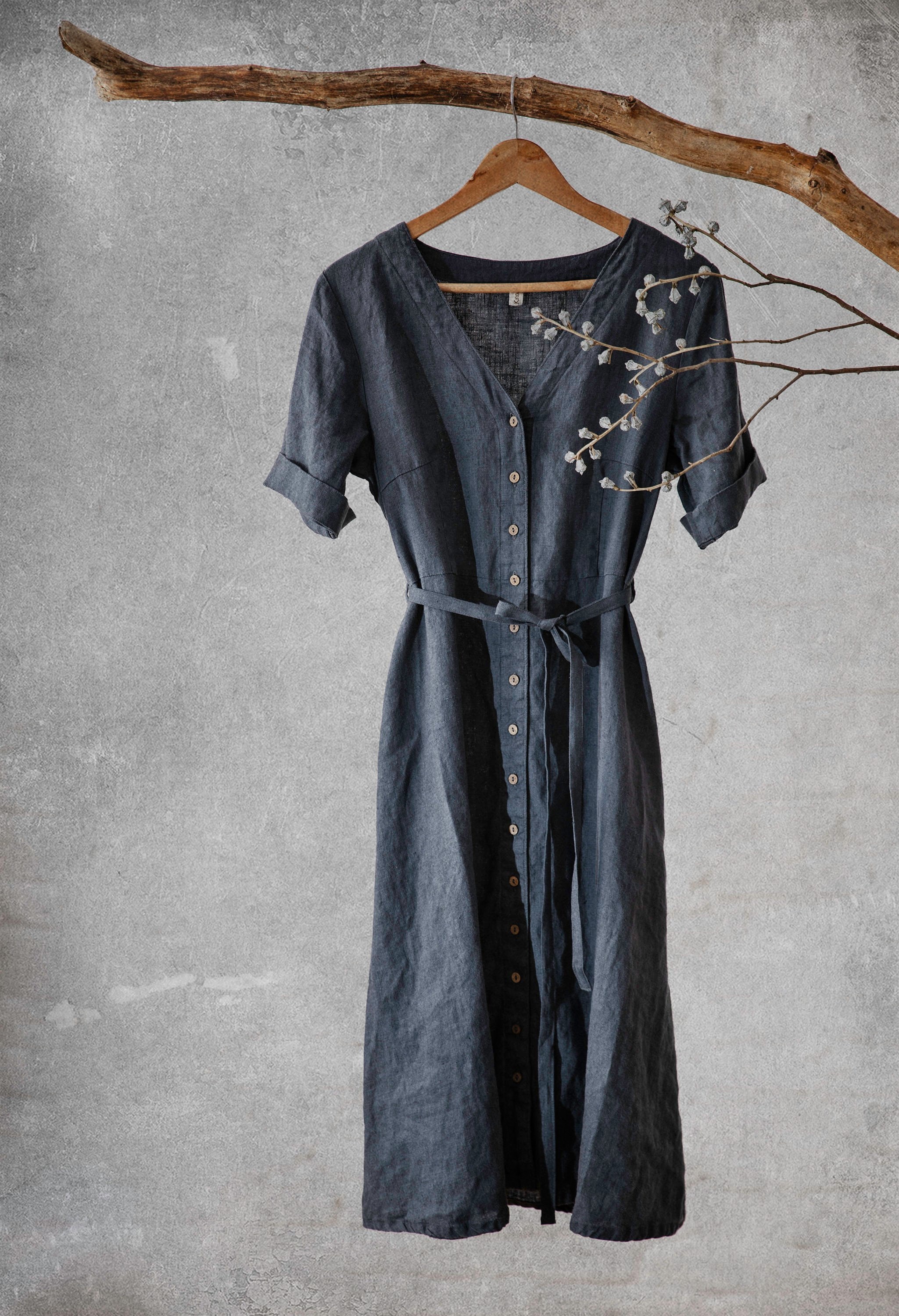 retro buttoned linen dress AMELIE, vintage French style midi dress