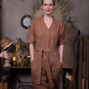 Chic and artistic linen jumpsuit for women by Knock Knock Linen – Explore a unique blend of style with this loose-fitting boho jumpsuit, perfect for a fashionable summer look.