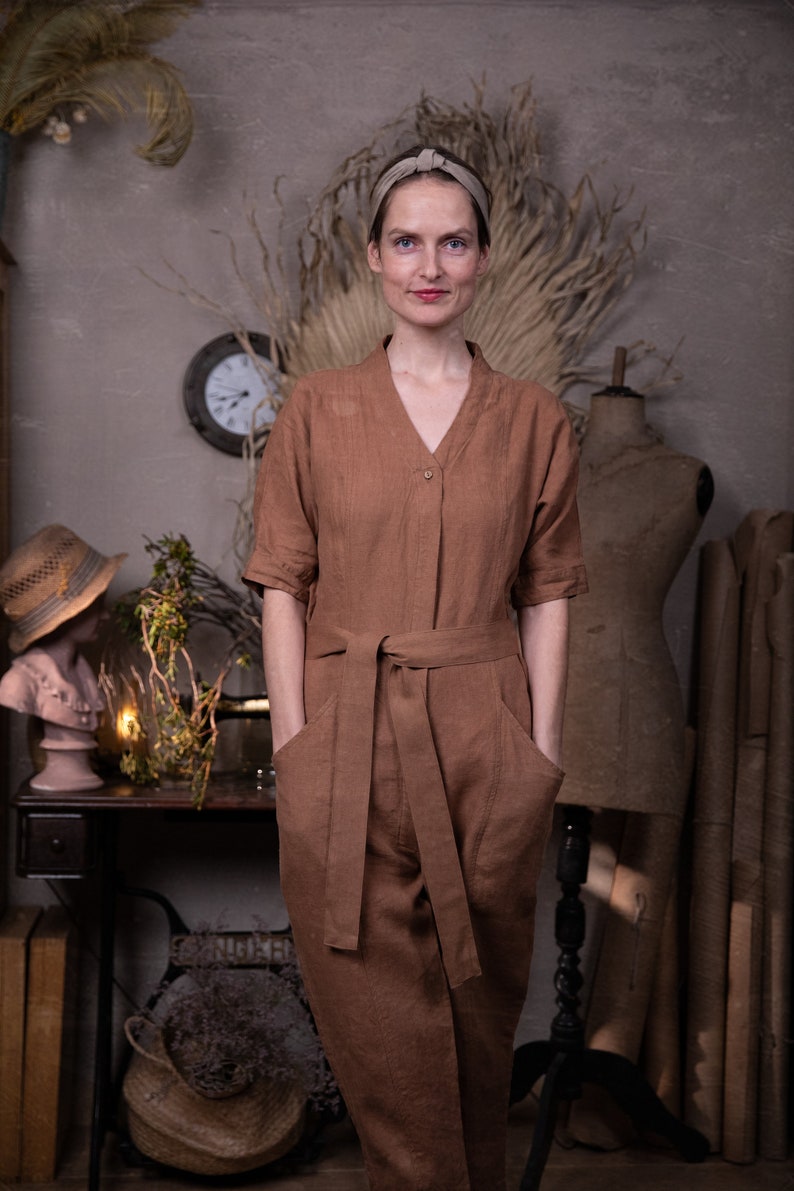 Chic and artistic linen jumpsuit for women by Knock Knock Linen – Explore a unique blend of style with this loose-fitting boho jumpsuit, perfect for a fashionable summer look.