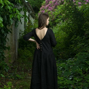 Linen Dress FRANCESCA | open back linen dress with sleeves | maxi summer boho dress with pockets | loose linen dress | elvish dress