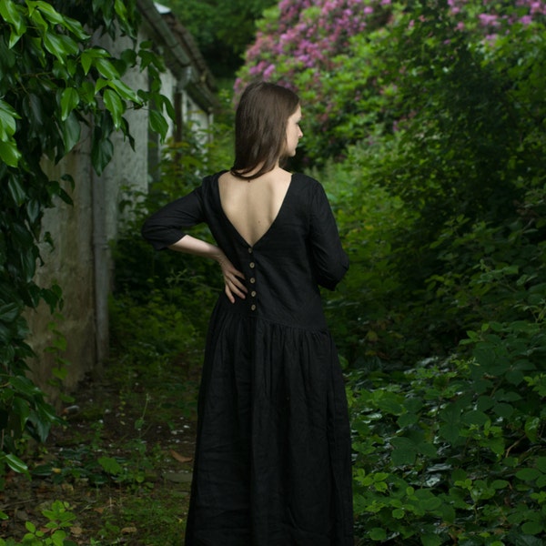 Linen Dress FRANCESCA | open back linen dress with sleeves | long dress | bohemian dress | loose linen dress | elvish dress | romantic dress