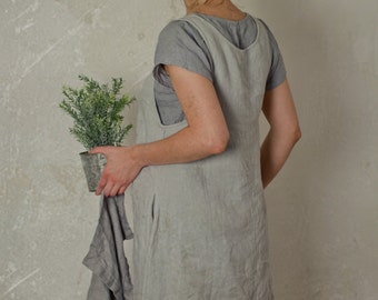 linen apron pinafore dress GARDEN | linen apron dress with pockets | sleeveless linen boho tunic dress | garden apron | kitchen apron dress