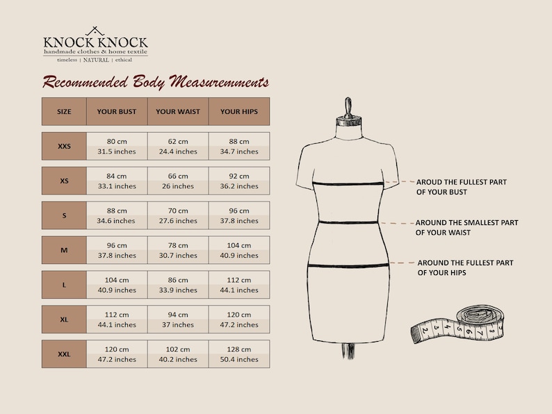 Size chart for KnockKnockLinen clothing, showing recommended body measurements for sizes XXS to XXL in centimeters and inches; includes bust, waist, and hips alongside a dress form illustration marking measurement points and a measuring tape for reference.