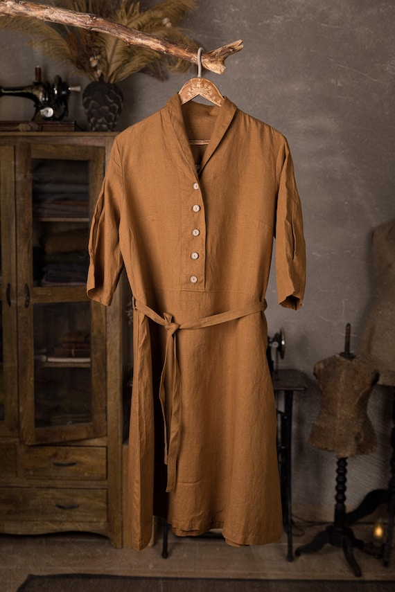 XL Linen Retro Dress – Ginger Brown Shawl Collar, Tie Belt - STUDIO. Ready to Ship