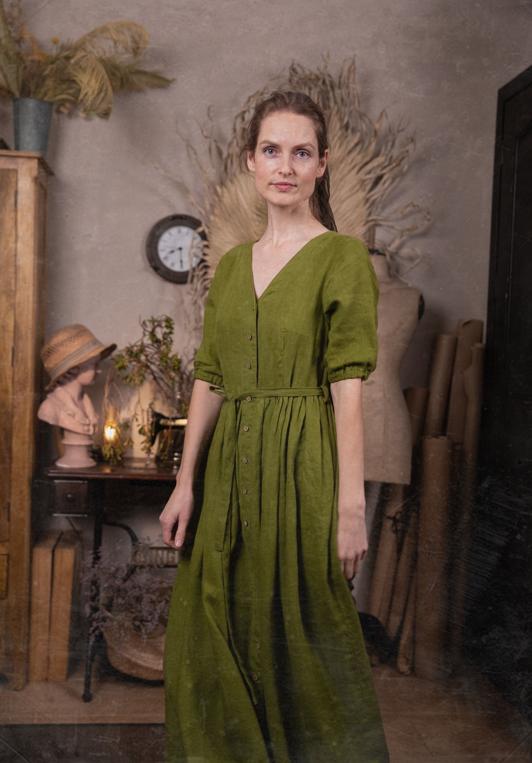 Abito in lino abbottonato PROVENZA con manica a sbuffo abito