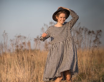 linen dress PEONY | loose summer dress with high gathered waist | long sleeve linen dress | plus size linen dress | dress with pockets