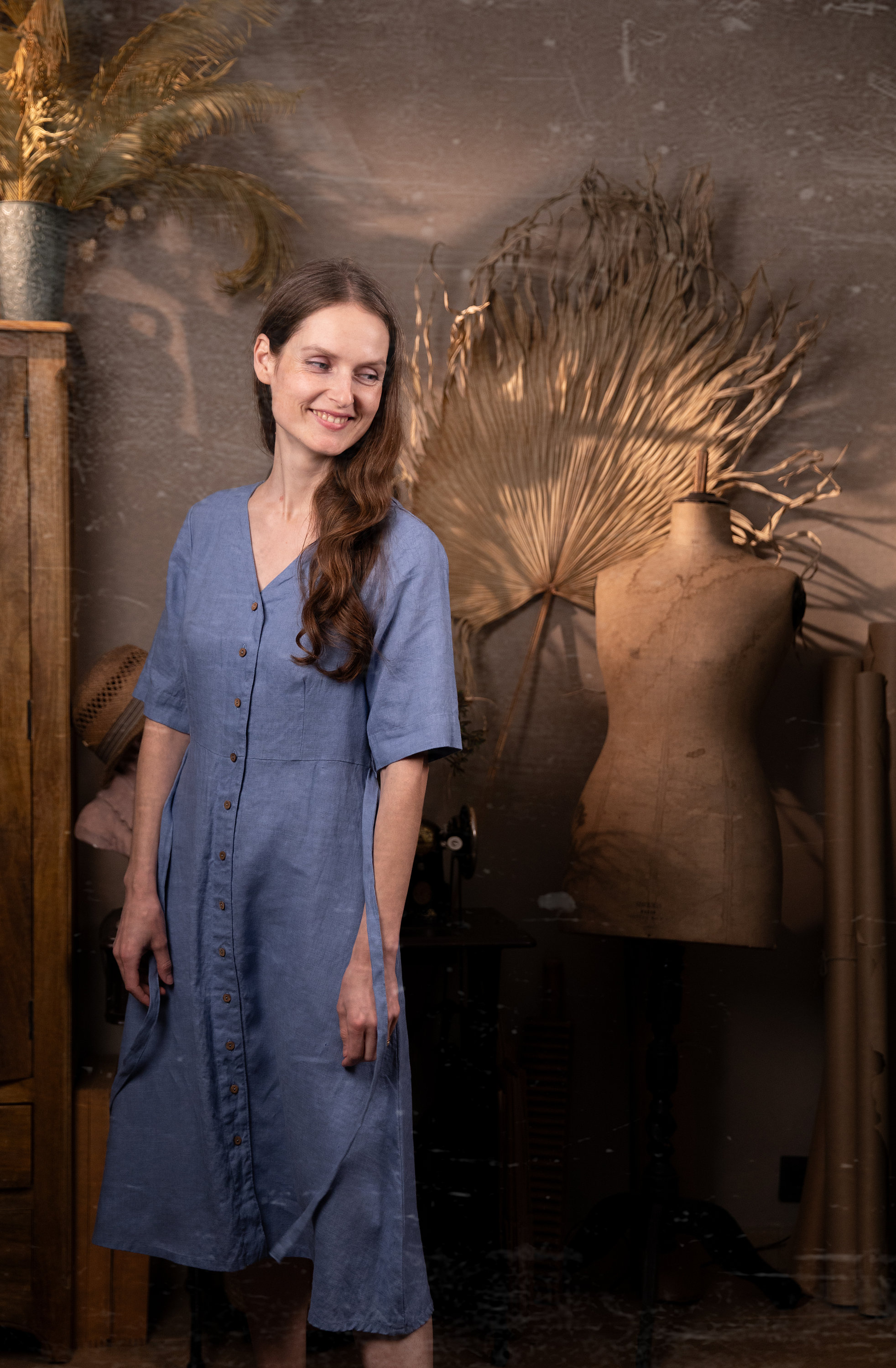 Retro Buttoned Linen Dress AMELIE, Vintage French Style Midi Dress