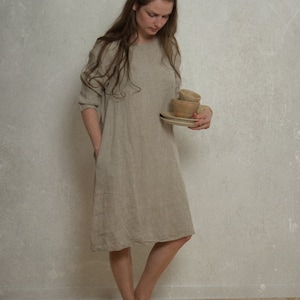 Linen Dress CREEK | midi length linen dress with drop shoulders | loose linen summer dress with sleeve and pockets | everyday linen dress