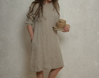 Linen Dress CREEK | midi linen dress | minimalist dress | loose summer dress with pockets | everyday linen dress | simple dress | oversized