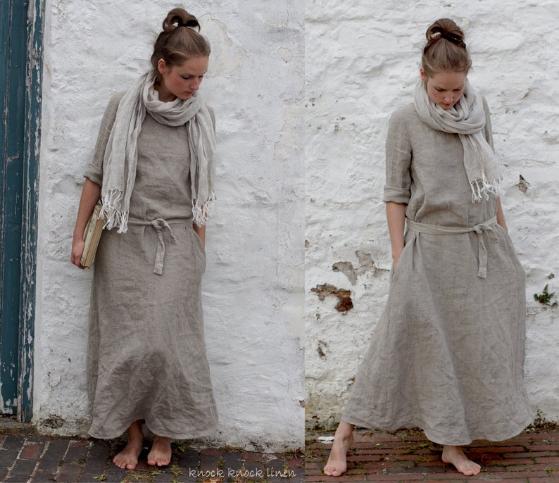 maxi linen dress MONK | trapeze summer dress with long sleeves | loose summer dress with pockets | maxi boho dress | medieval dress