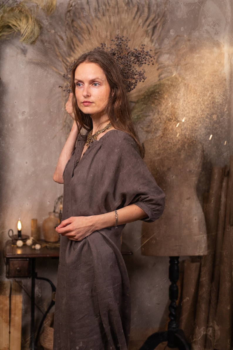 A linen dress called NOMAD, a boho maxi linen dress with half sleeves, a loose linen summer dress with pockets, and a boho linen wedding dress.