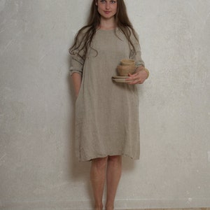 Linen Dress CREEK | midi length linen dress with drop shoulders | loose linen summer dress with sleeve and pockets | everyday linen dress