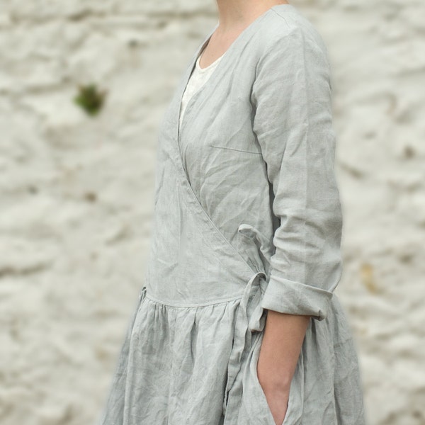 linen wrap dress SEPTEMBER | mid-calf romantic dress with pockets | cottage dress with sleeves | boho wrap dress | antique linen dress