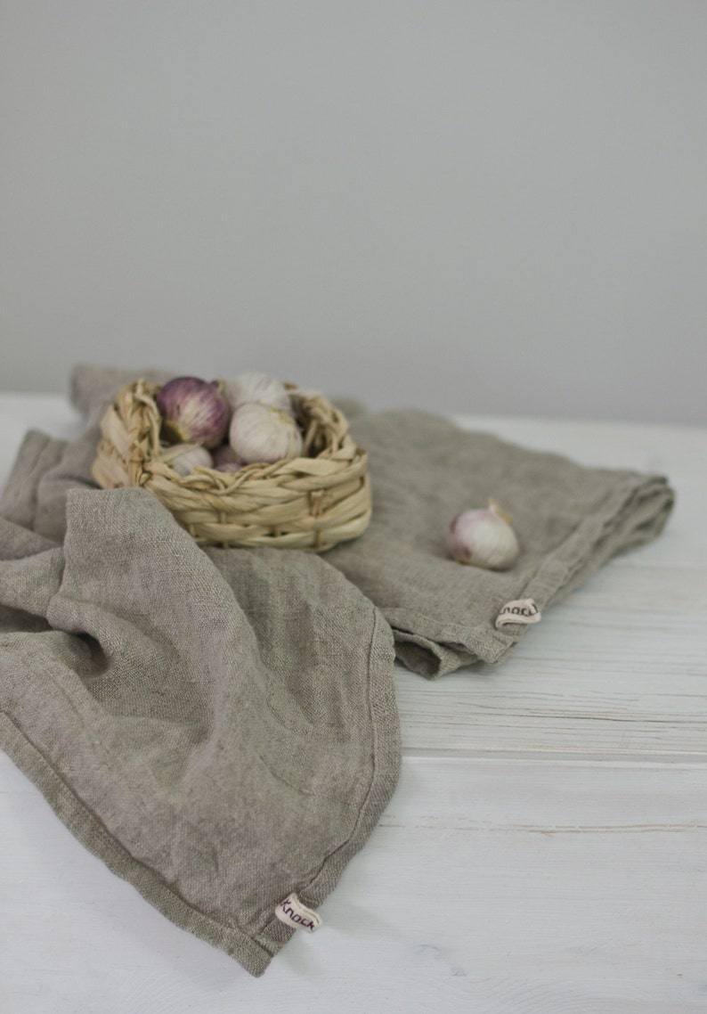 Set of 2 linen kitchen towels featuring burlap and natural linen, Provence and raw linen designs. by knock knock linen