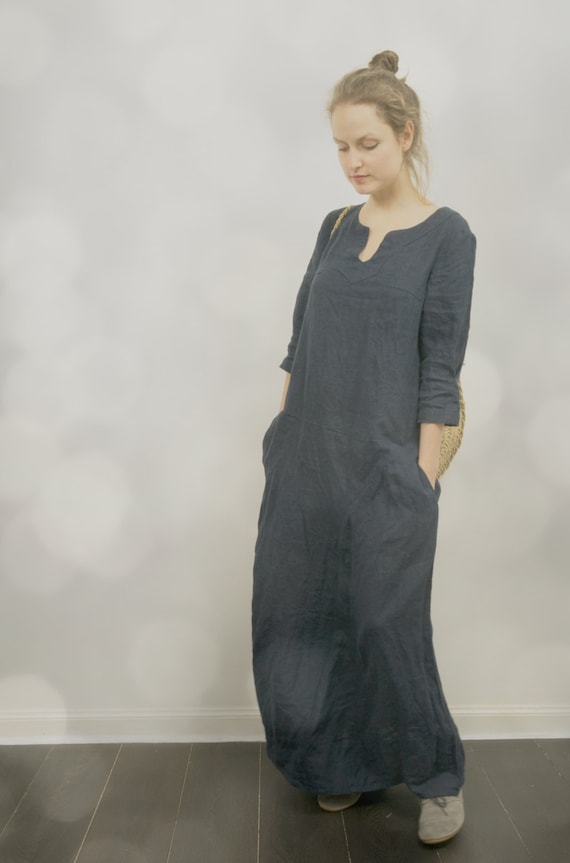Linnen jurk DESERT lange linnen zomerjurk met mouwen boho maxi linnen jurk met zakken linnen kaftanjurk zomerjurk dames Etsy Nederland