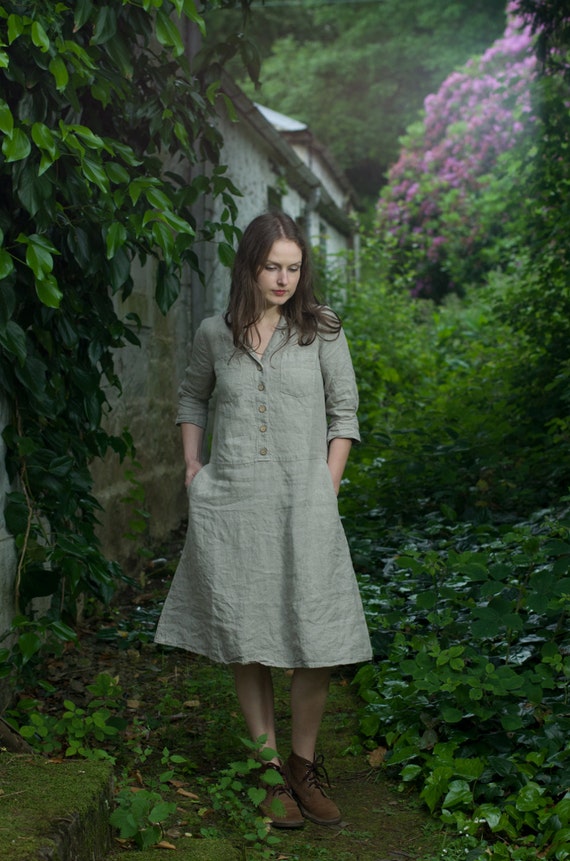 1940s Style Buttoned Linen Dress WORK, Handmade Retro V-neck Shirt Dress -  Etsy Canada