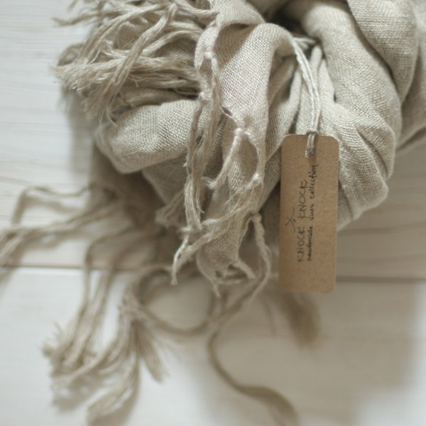 Natural Linen Scarf With Hand Knotted Fringe