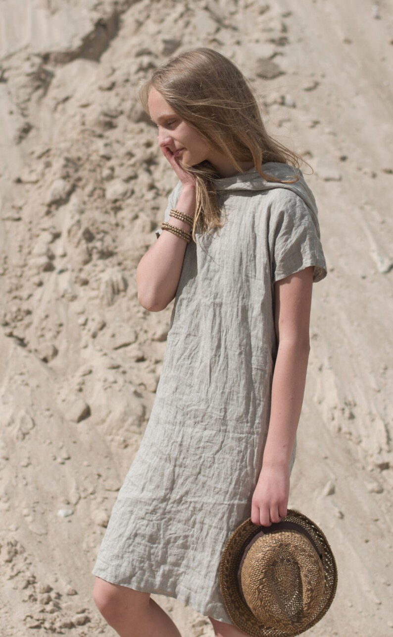 linen hoodie dress FOREST | loose linen dress with a short sleeves | linen summer pullover dress | jumper dress women