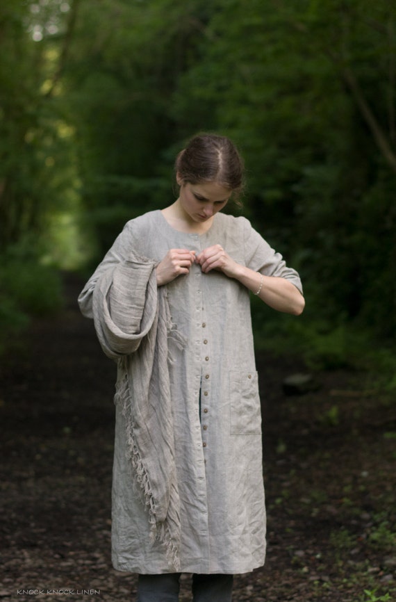 linen buttoned dress coat COUNTRY, boho summer dress, patch pockets