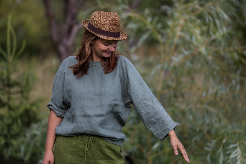 linen kimono top PRIMITIVE | loose linen summer top | linen summer blouse | linen blouse women | 3/4 sleeves | linen basic top