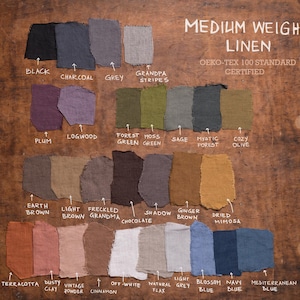 Flat lay of 27 medium weight linen fabric swatches on a wooden surface, each labeled with its color name. Colors range from Black, Plum, Sage, Terracotta to Navy. Includes OEKO-TEX 100 certification note. Fabric palette belongs to Knocknocklinen