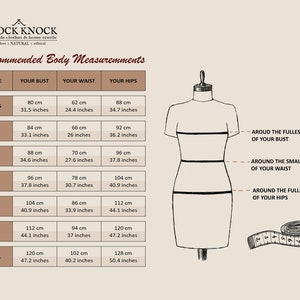 Size chart for KnockKnockLinen clothing, showing recommended body measurements for sizes XXS to XXL in centimeters and inches; includes bust, waist, and hips alongside a dress form illustration marking measurement points and a measuring tape for reference.