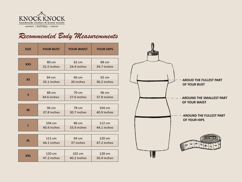 Size chart for KnockKnockLinen clothing, showing recommended body measurements for sizes XXS to XXL in centimeters and inches; includes bust, waist, and hips alongside a dress form illustration marking measurement points and a measuring tape for reference.