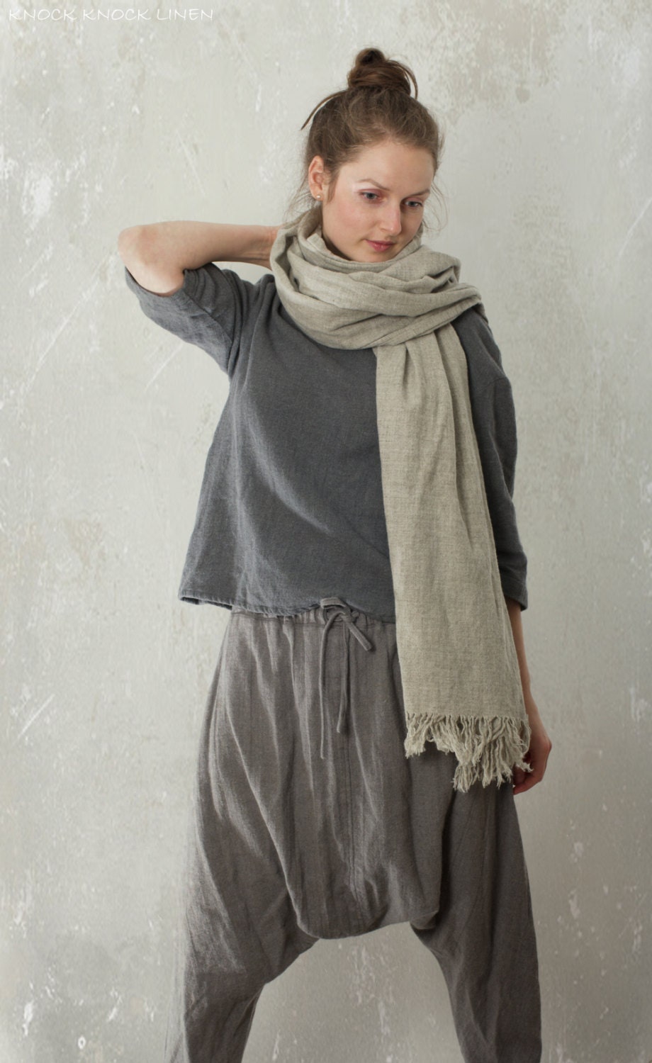 Image of Harem Pants Shanti in Linen & Wool Blend | Drop Crotch Women's Winter Sarouel Baggy