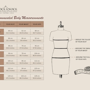 Size chart for KnockKnockLinen clothing, showing recommended body measurements for sizes XXS to XXL in centimeters and inches; includes bust, waist, and hips alongside a dress form illustration marking measurement points and a measuring tape for reference.