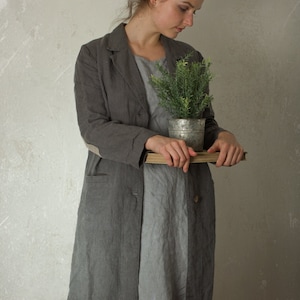 Long Linen Overcoat with Contrasting Elbow Patches | Boho Boyfriend Jacket | Unlined Grey Work Coat
