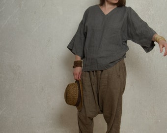 V-neck linen KIMONO BLOUSE | plus size loose linen blouse | linen summer top women | soft linen boho blouse with 3/4 sleeves