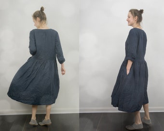 Manteau habillé en lin SEPTEMBRE | robe en lin ample à manches longues | robe portefeuille avec jupe froncée | manteau duster en lin | veste en lin