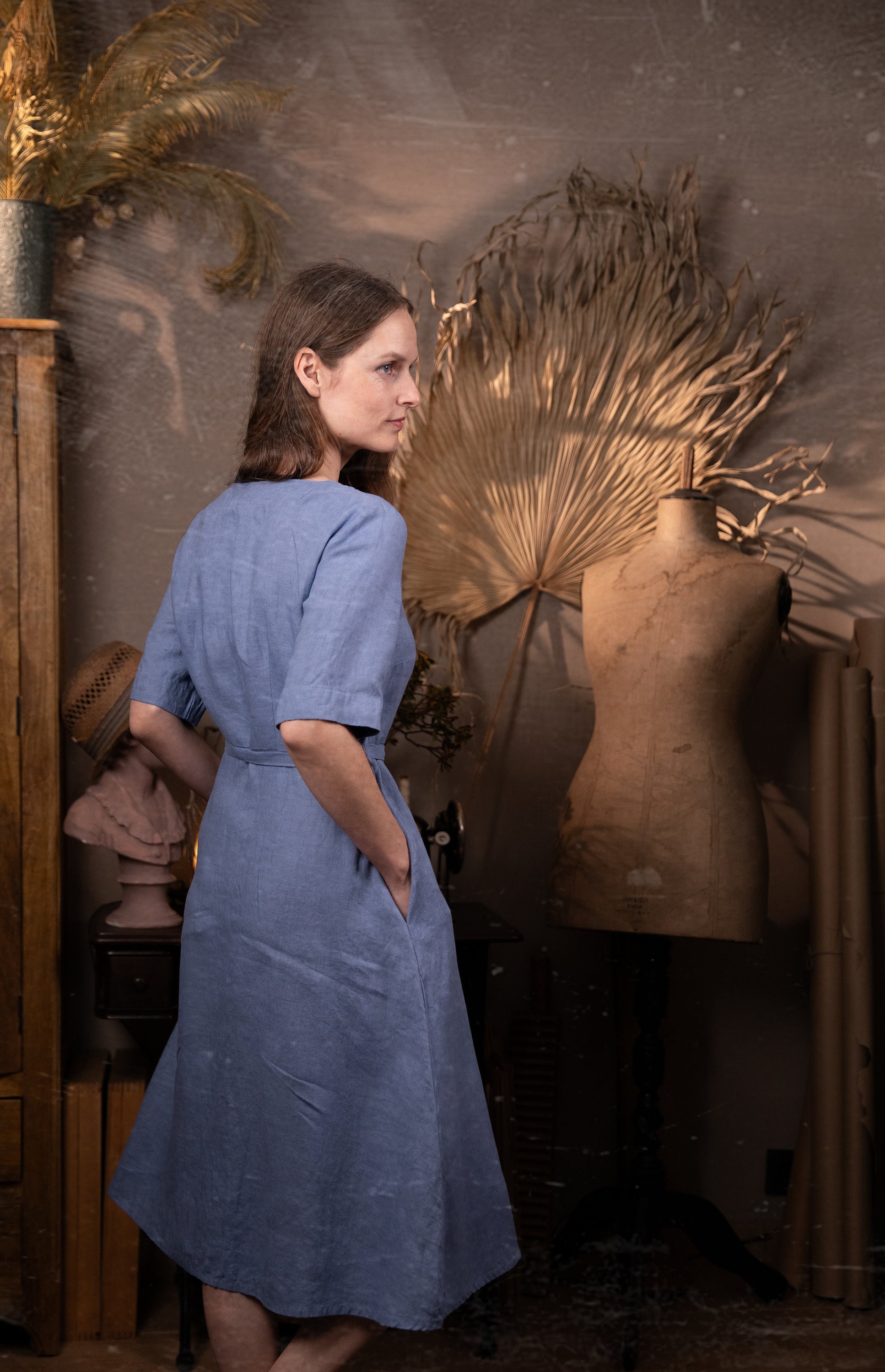 retro buttoned linen dress AMELIE, vintage French style midi dress