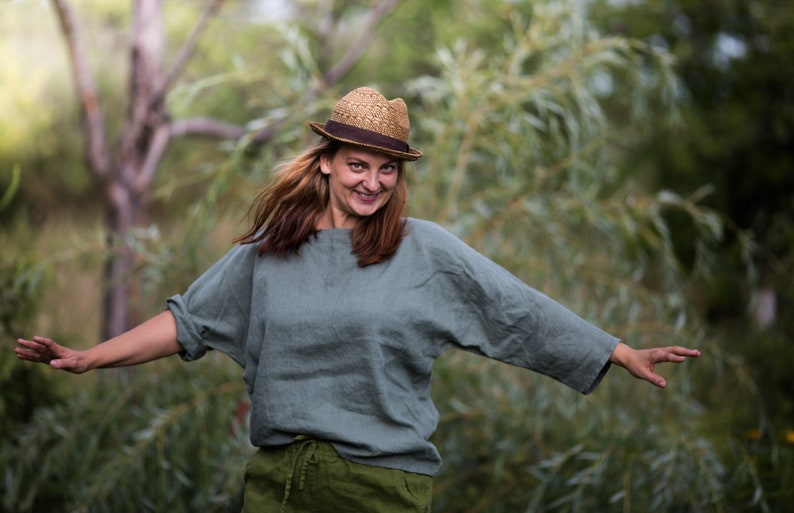 linen kimono top PRIMITIVE | loose linen summer top | linen summer blouse | linen blouse women | 3/4 sleeves | linen basic top