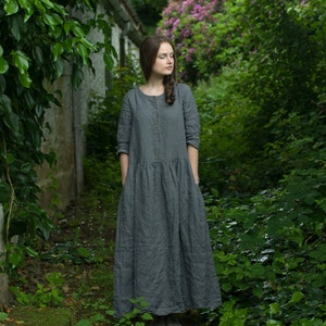 loose linen long dress NOSTALGIA, boho button-front, pockets