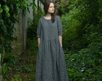 Linen Dress NOSTALGIA | maxi linen boho dress | button front linen dress | long dress with sleeves | ankle length dress | antique style