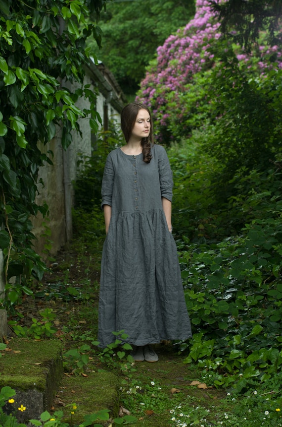 knee length dresses for ladies Hypoallergenic Smock Linen Dress Cecilia Pure Black ❤️ menique main image 0