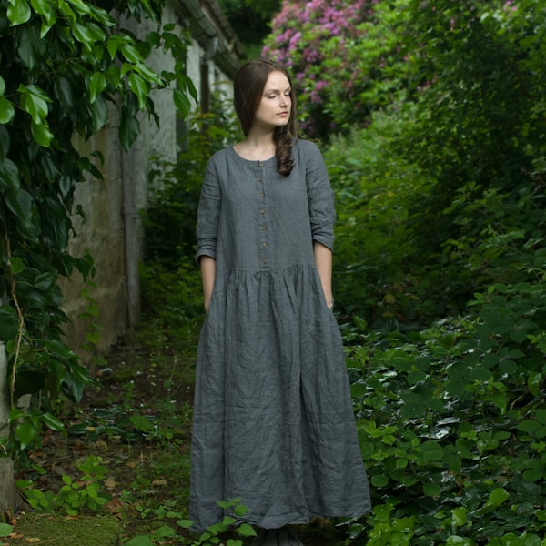 loose linen long dress NOSTALGIA, boho button-front, pockets
