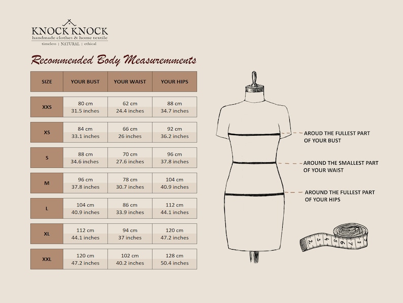Size chart for KnockKnockLinen clothing, showing recommended body measurements for sizes XXS to XXL in centimeters and inches; includes bust, waist, and hips alongside a dress form illustration marking measurement points and a measuring tape for reference.