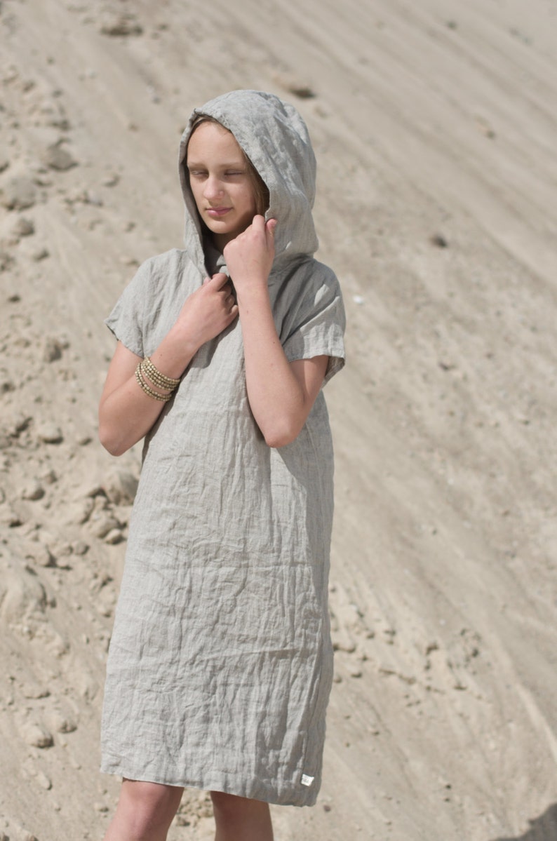 linen hoodie dress FOREST | loose linen dress with a short sleeves | linen summer pullover dress | jumper dress women