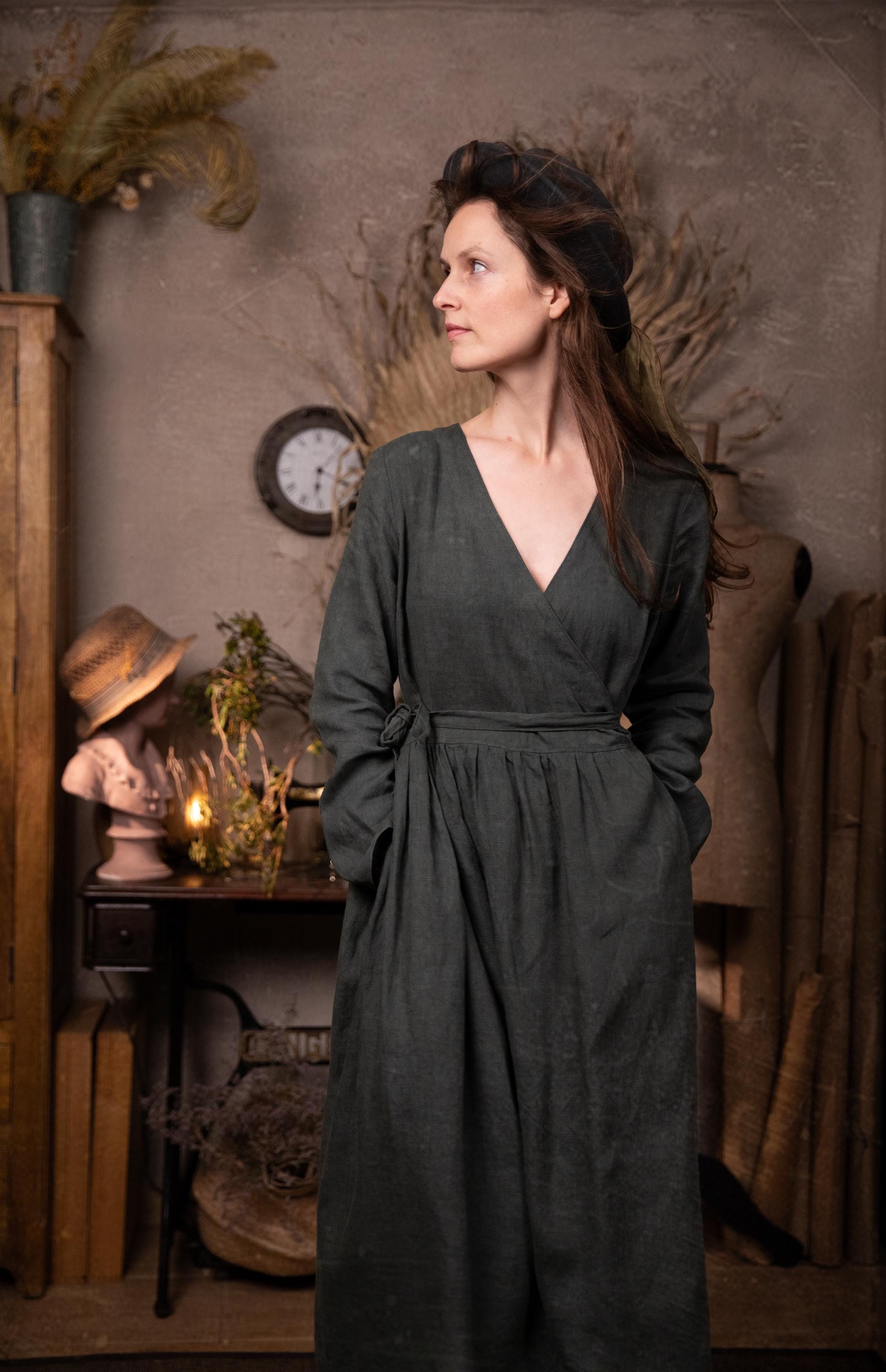 Linen Wrap Dress September, Long Sleeve Summer Coat with Pockets