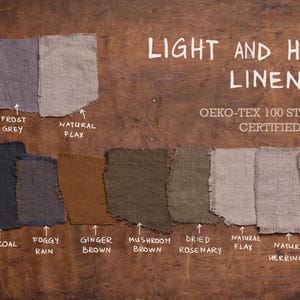Flat lay of linen fabric swatches on wood, grouped by weight. “Light Weight” includes Charcoal, Frost Grey, Natural Flax. “Heavier Weight” includes Black, Ginger Brown, Mushroom Brown, Natural Herringbone. OEKO-TEX 100 Certified label shown. Fabric palette belongs to Knocknocklinen. 2026-05-30