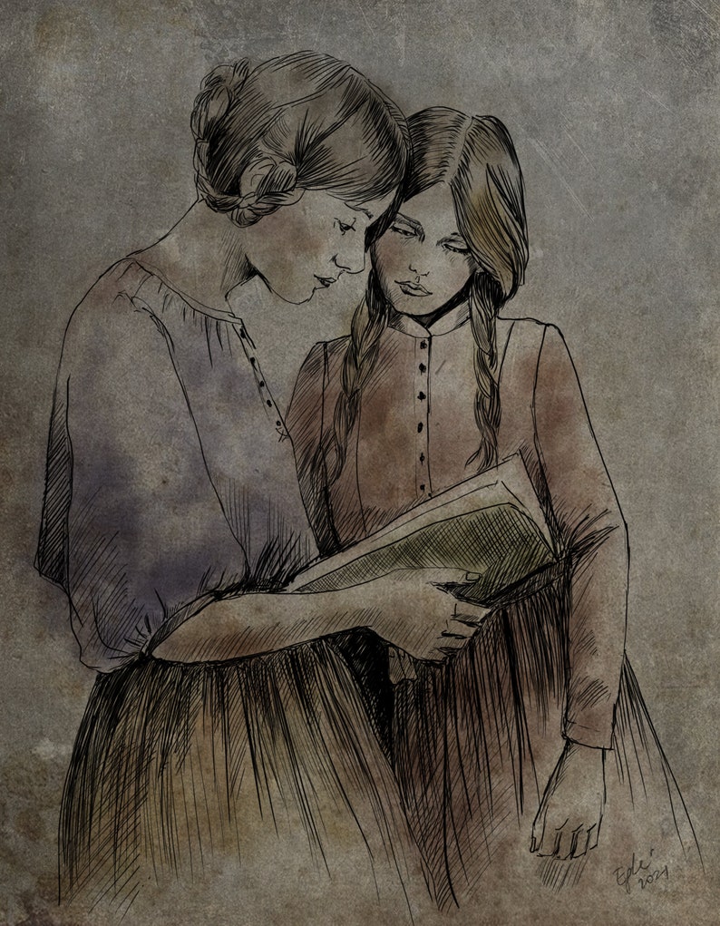 Two girls in a Victorian linen dresses made by knockknocklinen. Postcard